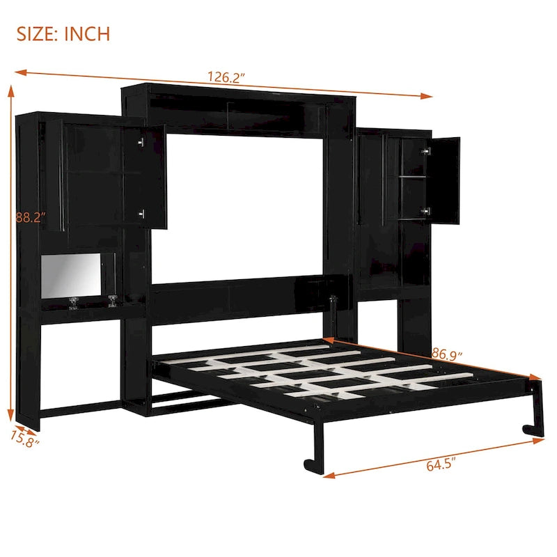 Lit escamotable Queen – Bureau et coiffeuse pliables, lit mural avec rangement