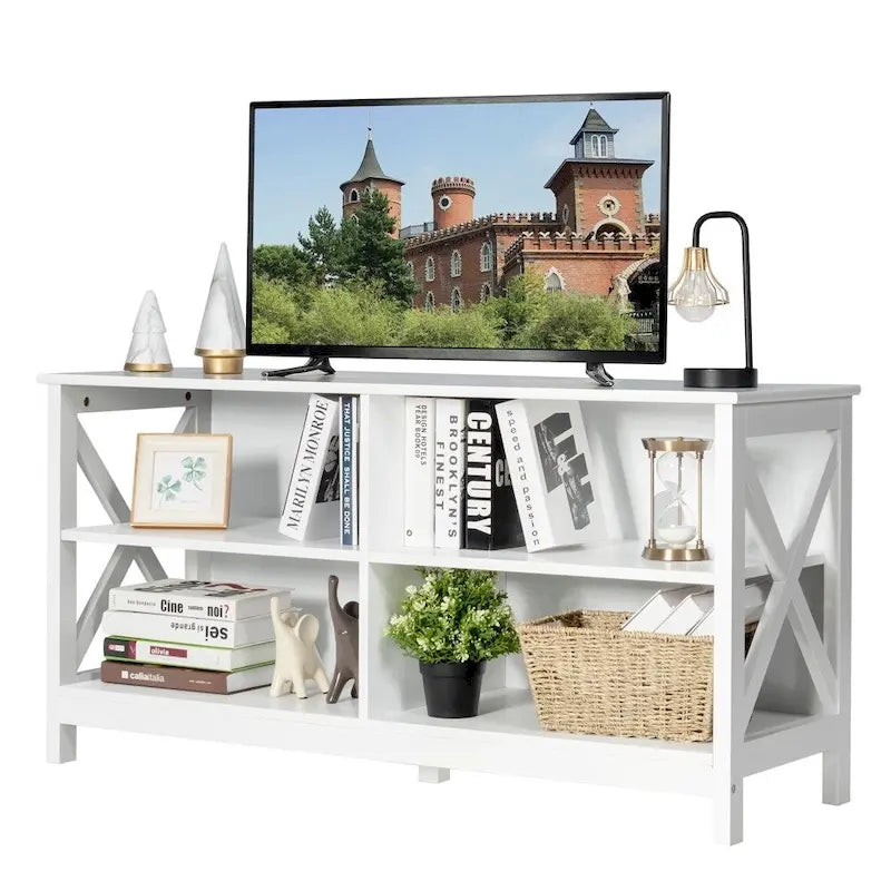 Meuble TV de divertissement avec étagères de rangement pour téléviseurs de 55 pouces Blanc - 119 cm de largeur