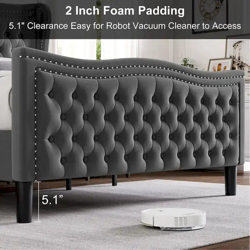 Lit plateforme King Size moderne en velours avec tête de lit capitonnée