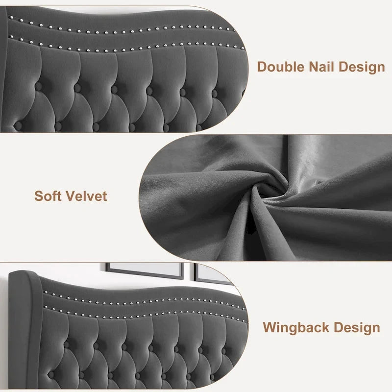 Lit plateforme King Size moderne en velours avec tête de lit capitonnée