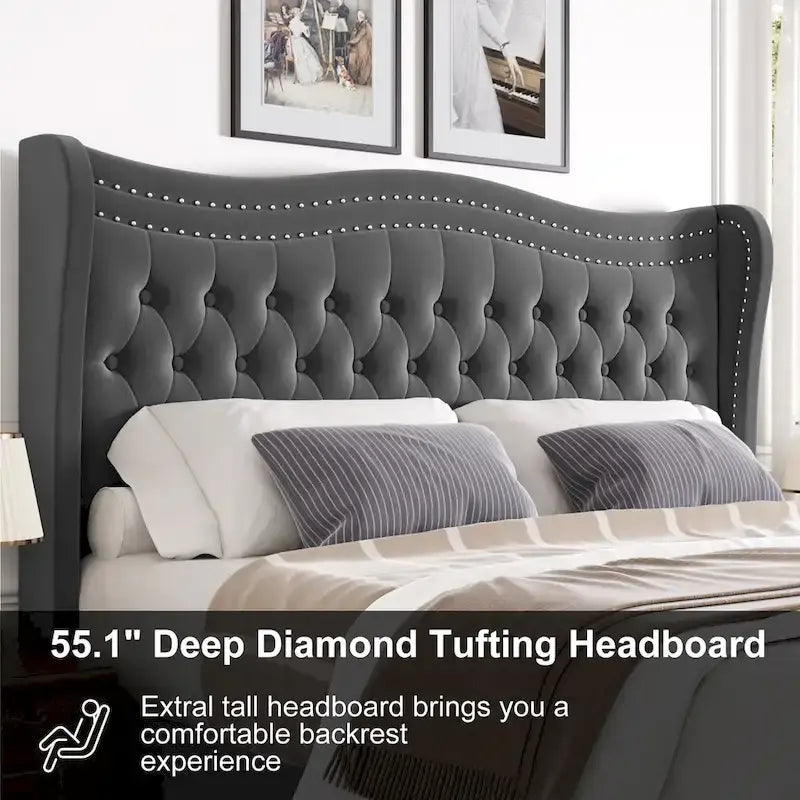 Lit plateforme King Size moderne en velours avec tête de lit capitonnée