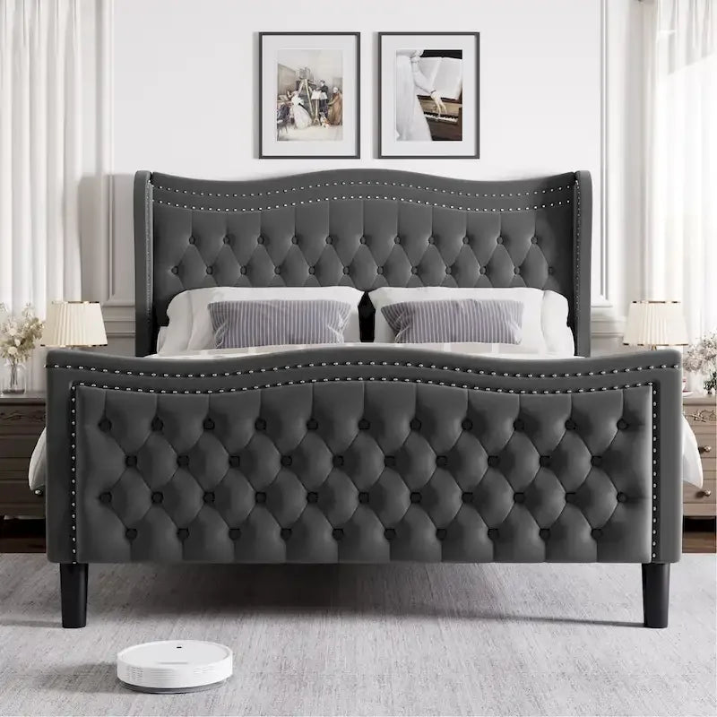 Lit plateforme King Size moderne en velours avec tête de lit capitonnée