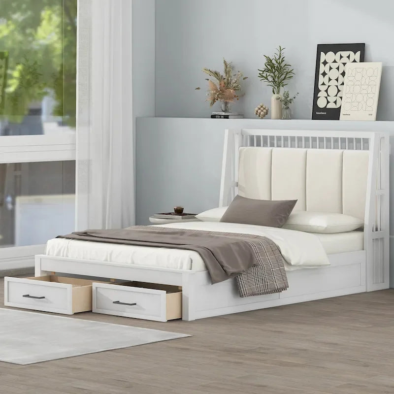 Lit plateforme double en bois avec tête de lit capitonnée et 2 tiroirs
