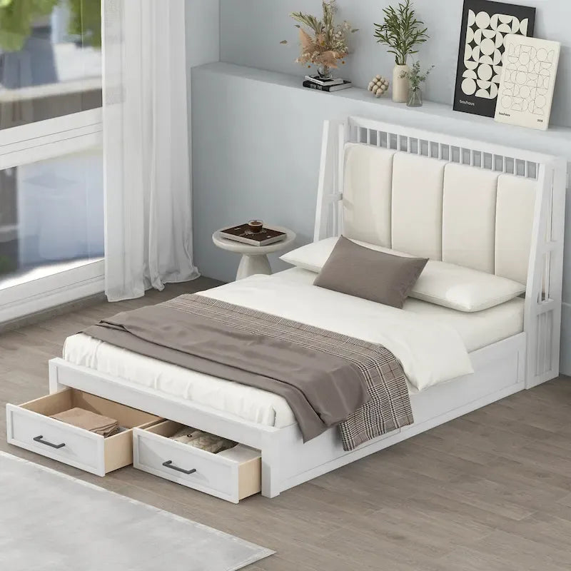 Lit plateforme double en bois avec tête de lit capitonnée et 2 tiroirs