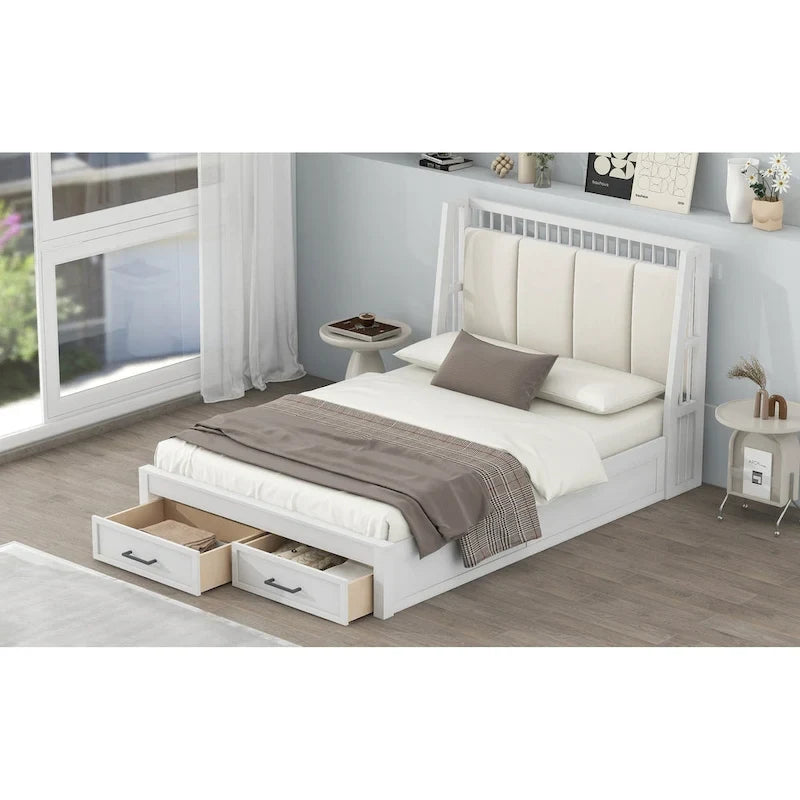Lit plateforme double en bois avec tête de lit capitonnée et 2 tiroirs