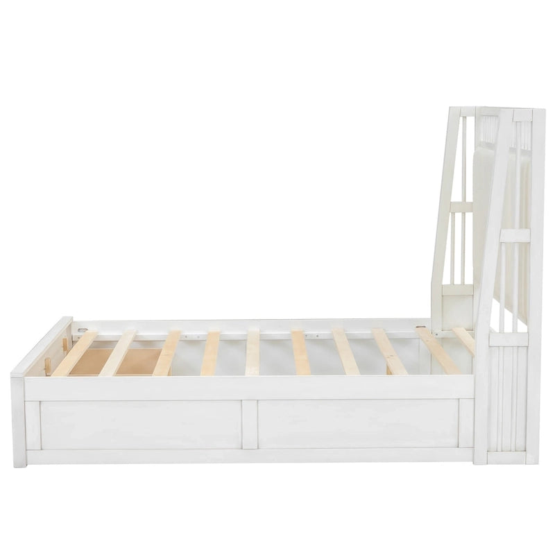 Lit plateforme double en bois avec tête de lit capitonnée et 2 tiroirs