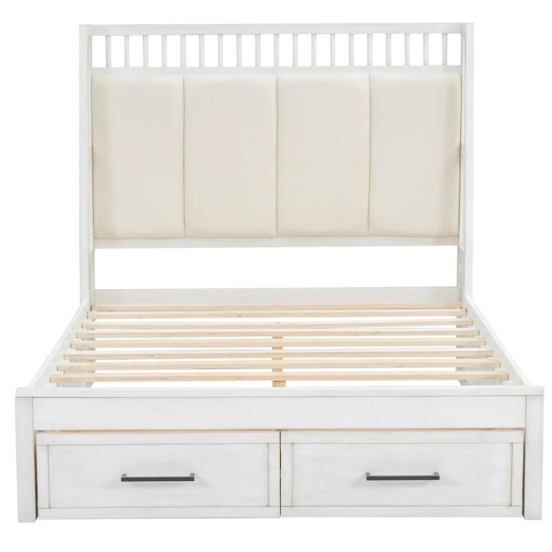 Lit plateforme double en bois avec tête de lit capitonnée et 2 tiroirs