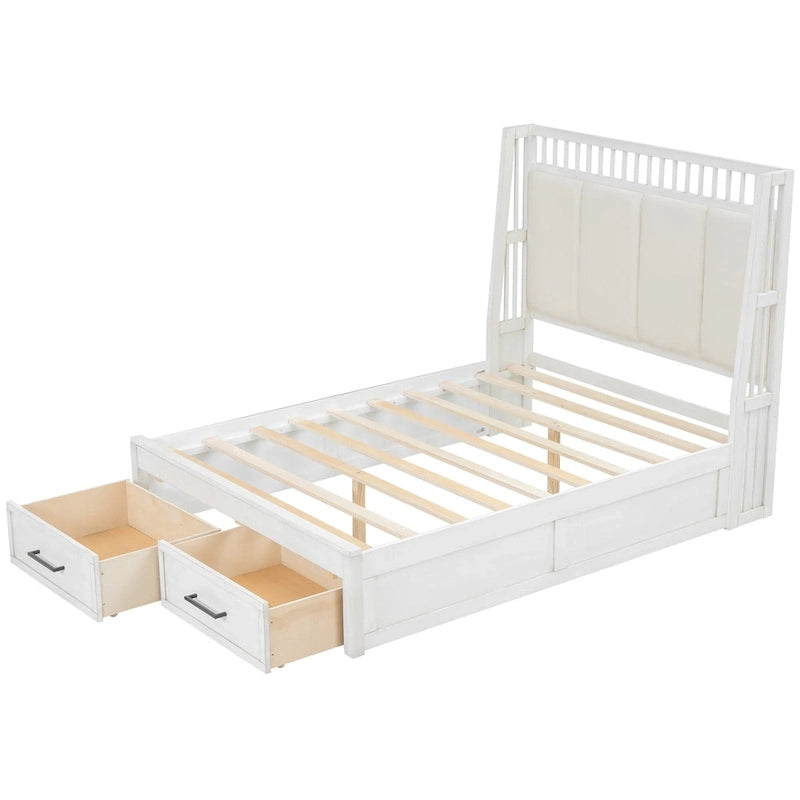 Lit plateforme double en bois avec tête de lit capitonnée et 2 tiroirs