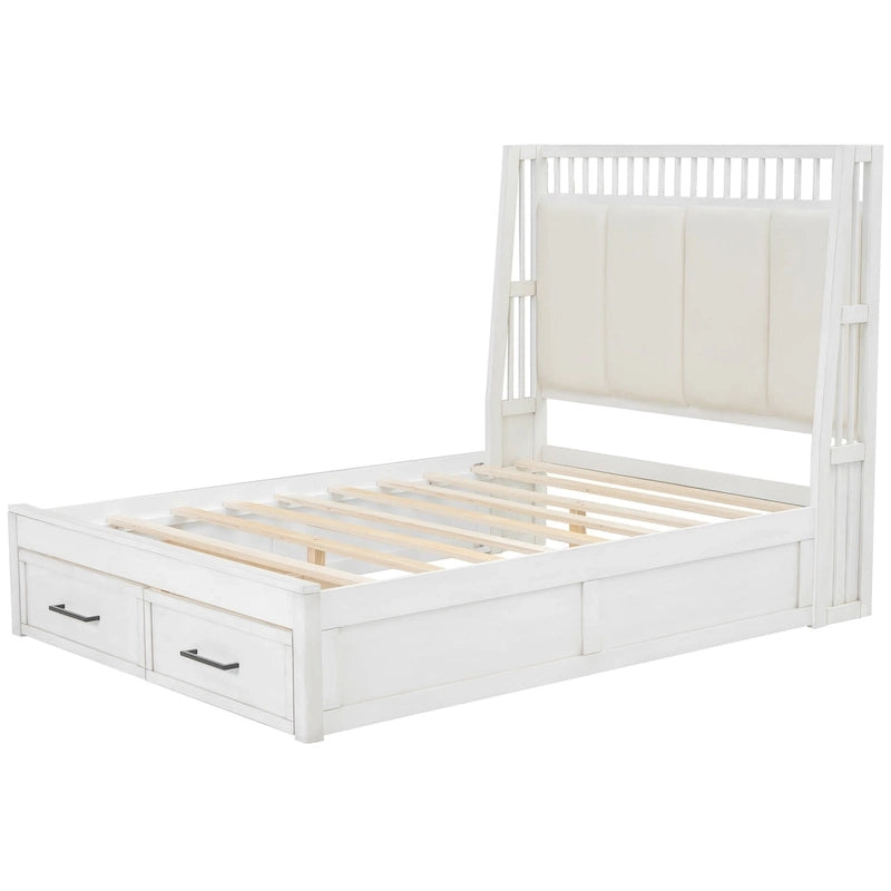 Lit plateforme double en bois avec tête de lit capitonnée et 2 tiroirs