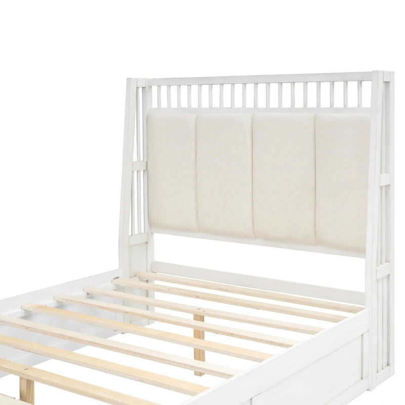 Lit plateforme double en bois avec tête de lit capitonnée et 2 tiroirs