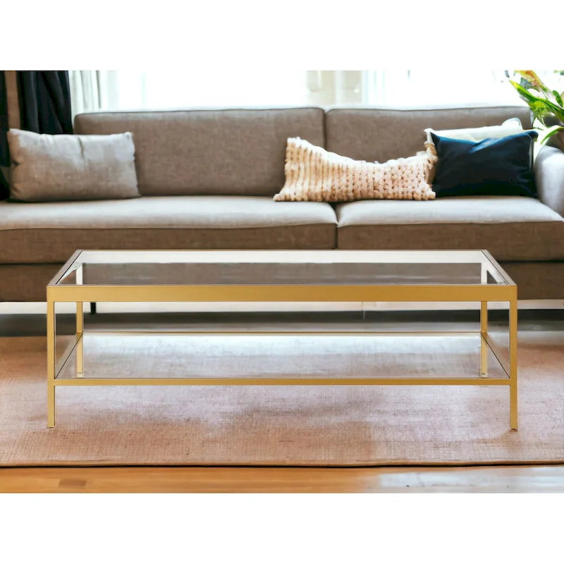 Table basse en verre et acier doré et transparent avec étagère - 54 x 17 x 24