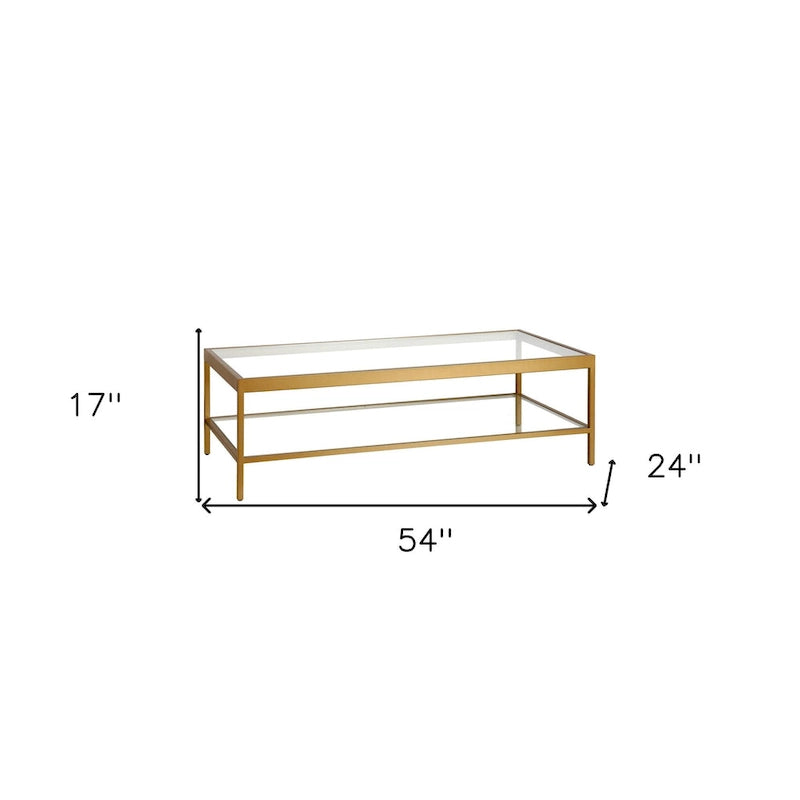 Table basse en verre et acier doré et transparent avec étagère - 54 x 17 x 24