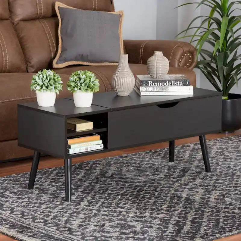 Table basse Roden moderne en bois bicolore noir et brun expresso avec compartiment de rangement à plateau relevable