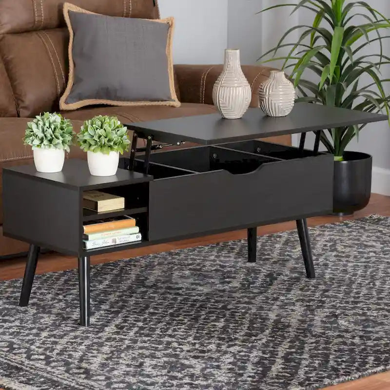Table basse Roden moderne en bois bicolore noir et brun expresso avec compartiment de rangement à plateau relevable