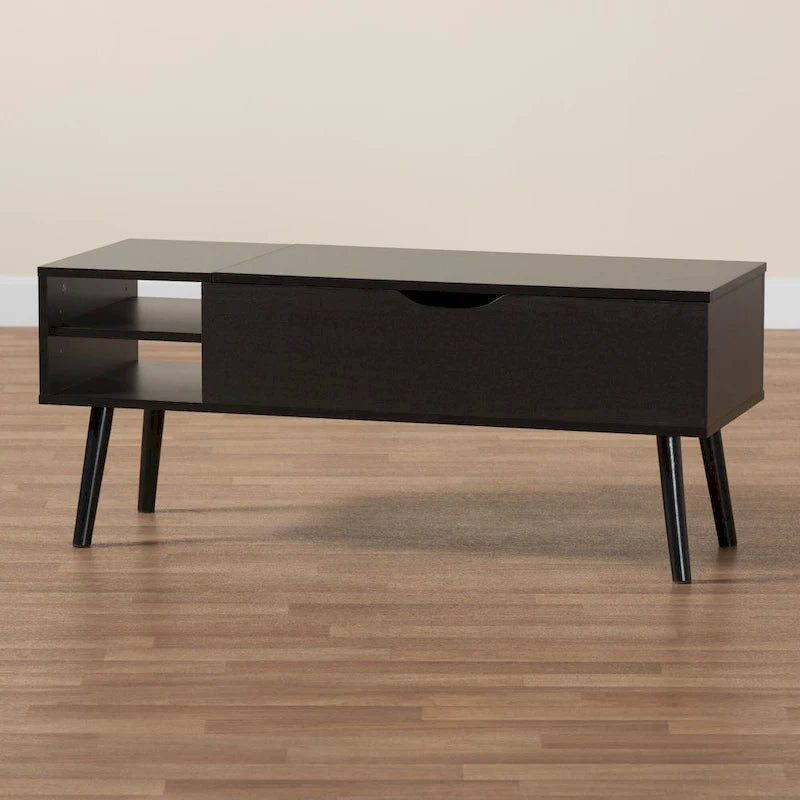 Table basse Roden moderne en bois bicolore noir et brun expresso avec compartiment de rangement à plateau relevable