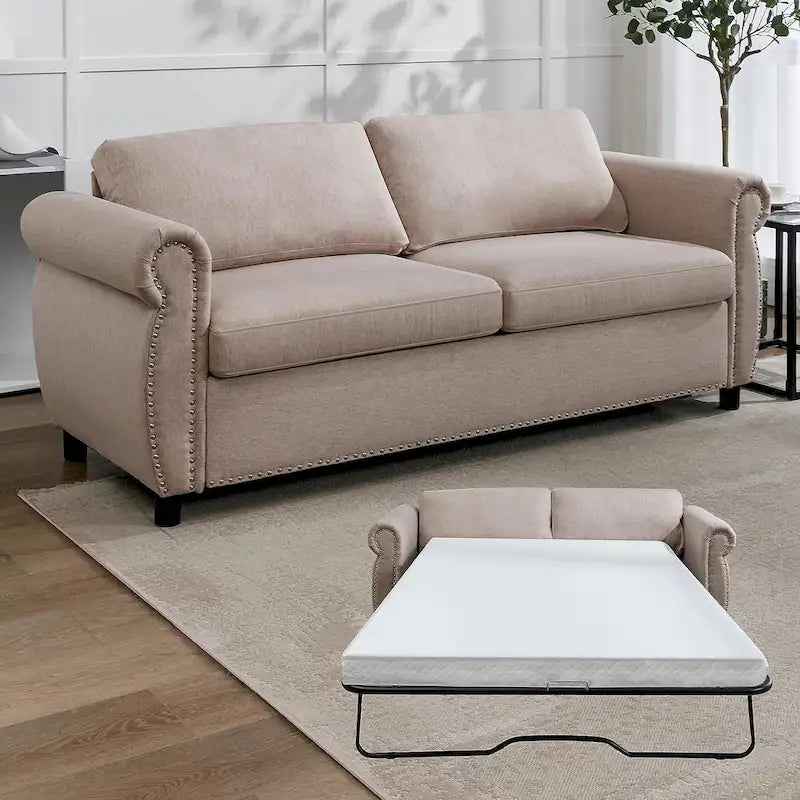 Canapé-lit convertible 2-en-1 avec matelas, causeuse rembourrée avec clous décoratifs