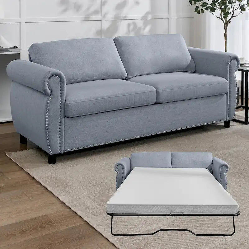 Canapé-lit convertible 2-en-1 avec matelas, causeuse rembourrée avec clous décoratifs