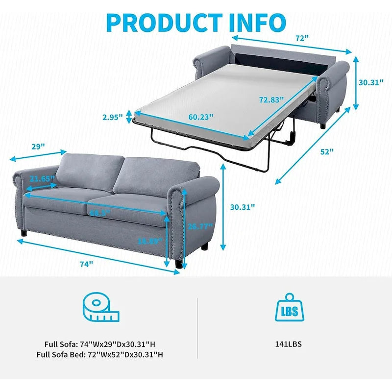 Canapé-lit convertible 2-en-1 avec matelas, causeuse rembourrée avec clous décoratifs