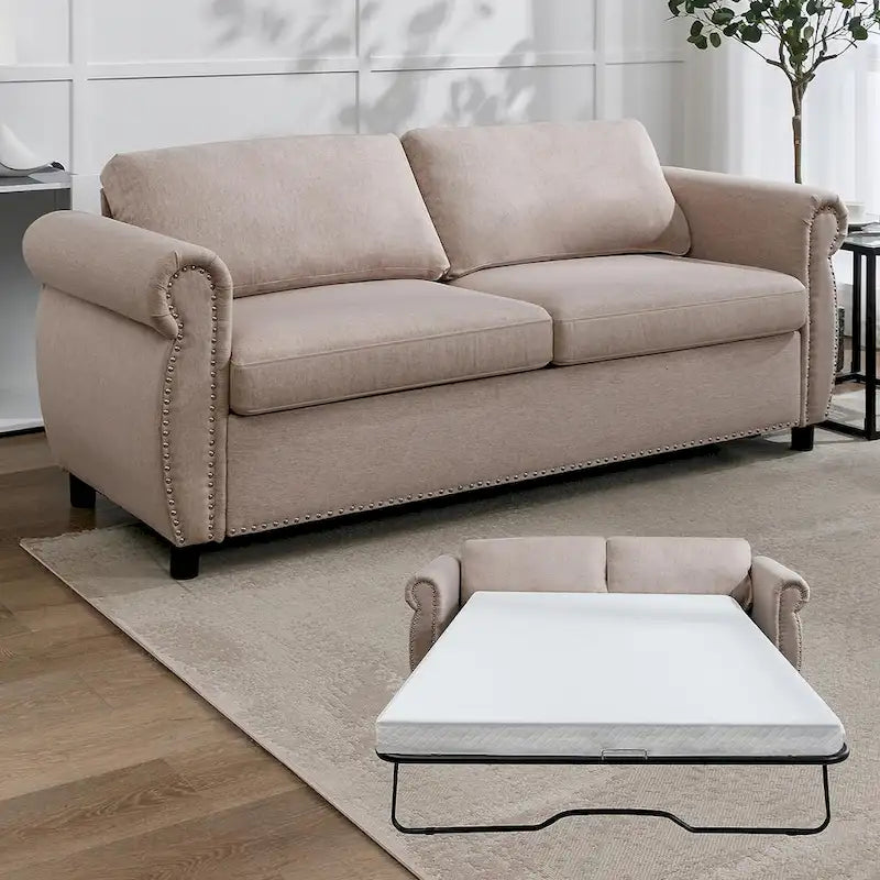 Canapé-lit convertible 2-en-1 avec matelas, causeuse rembourrée avec clous décoratifs