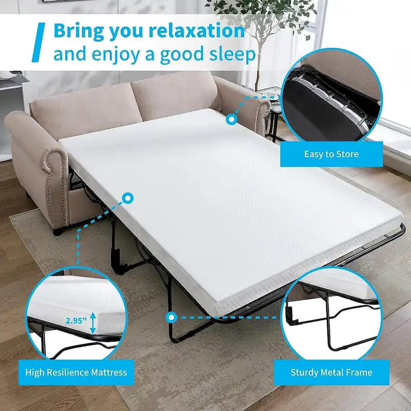 Canapé-lit convertible 2-en-1 avec matelas, causeuse rembourrée avec clous décoratifs