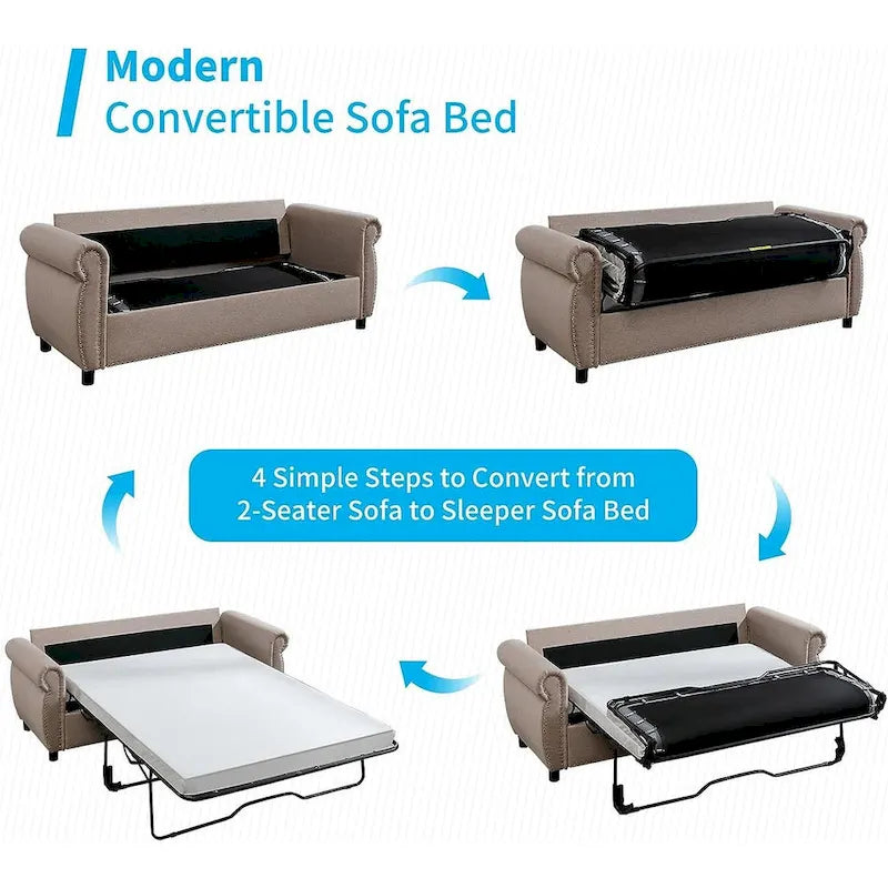 Canapé-lit convertible 2-en-1 avec matelas, causeuse rembourrée avec clous décoratifs