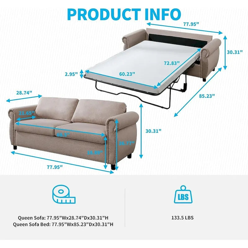 Canapé-lit convertible 2-en-1 avec matelas, causeuse rembourrée avec clous décoratifs