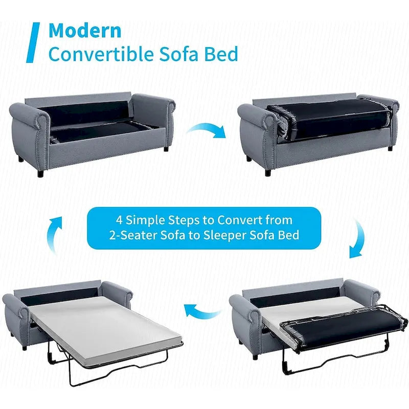 Canapé-lit convertible 2-en-1 avec matelas, causeuse rembourrée avec clous décoratifs