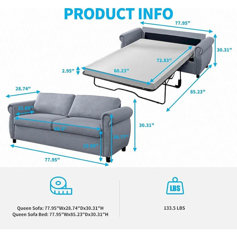 Canapé-lit convertible 2-en-1 avec matelas, causeuse rembourrée avec clous décoratifs