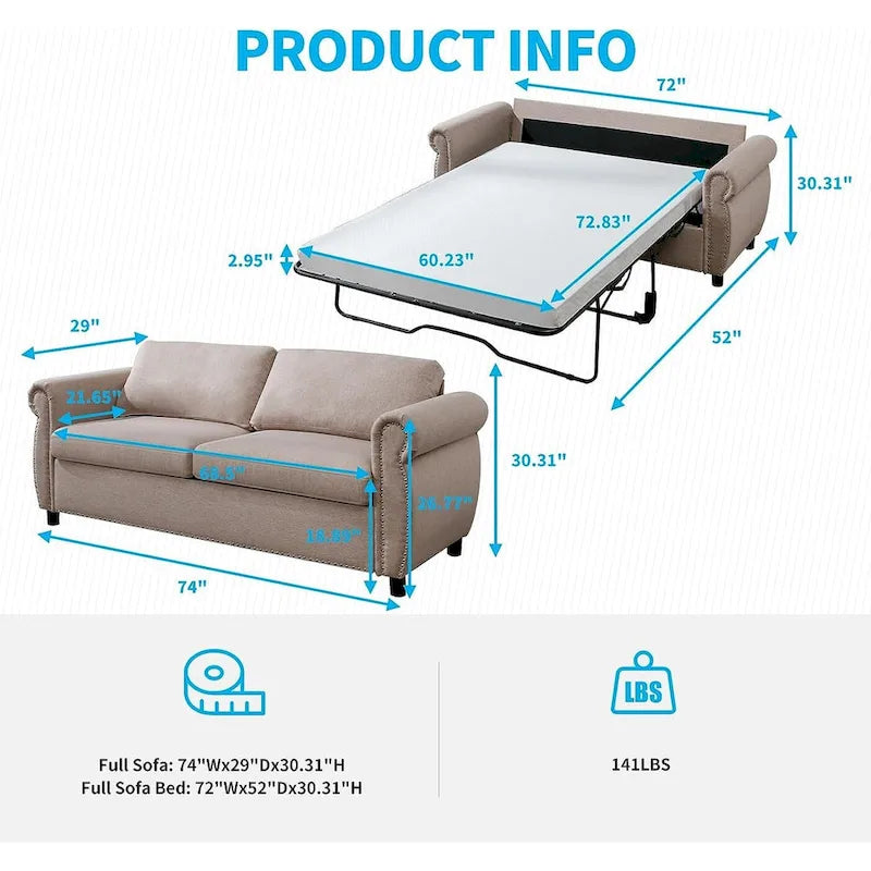 Canapé-lit convertible 2-en-1 avec matelas, causeuse rembourrée avec clous décoratifs
