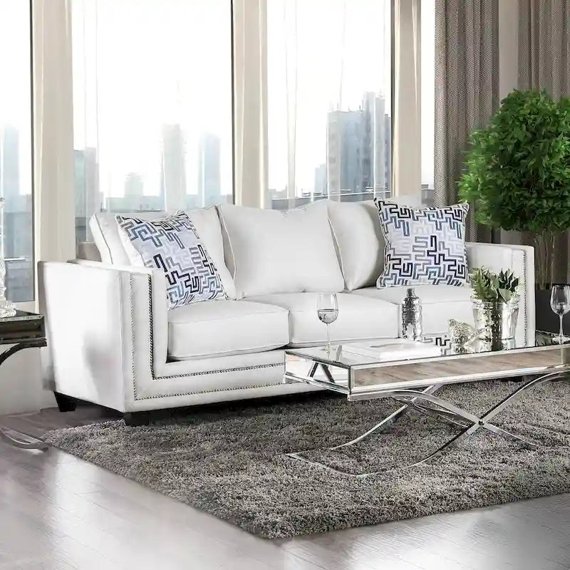 Tigg Contemporary White Chenille Nailhead Upholstered Sofa by 
