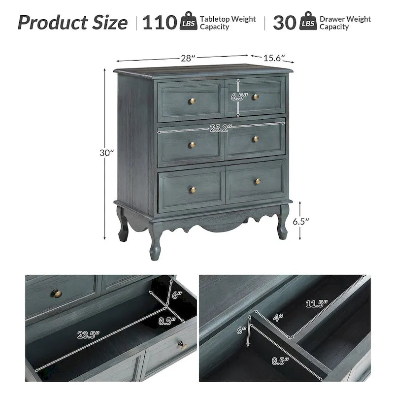 Table de chevet Pallantium Farmhouse 30 po de hauteur vieillie avec 3 tiroirs, pieds en bois massif et pieds réglables
