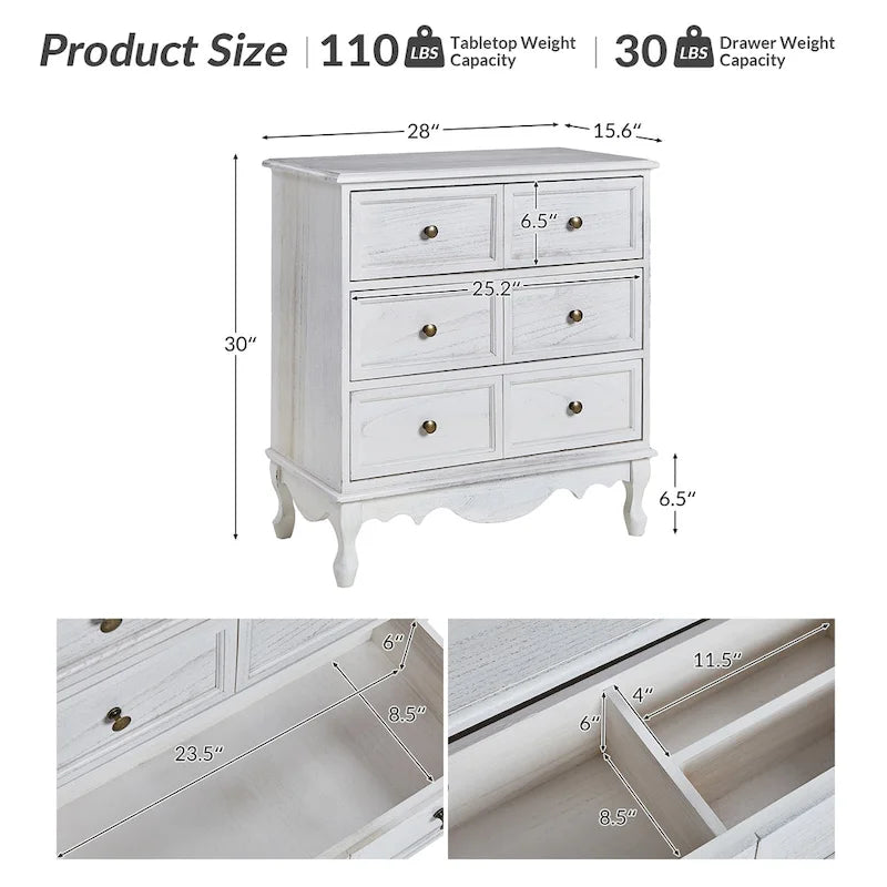 Table de chevet Pallantium Farmhouse 30 po de hauteur vieillie avec 3 tiroirs, pieds en bois massif et pieds réglables