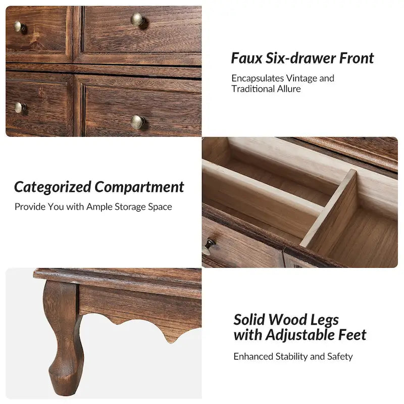 Table de chevet Pallantium Farmhouse 30 po de hauteur vieillie avec 3 tiroirs, pieds en bois massif et pieds réglables