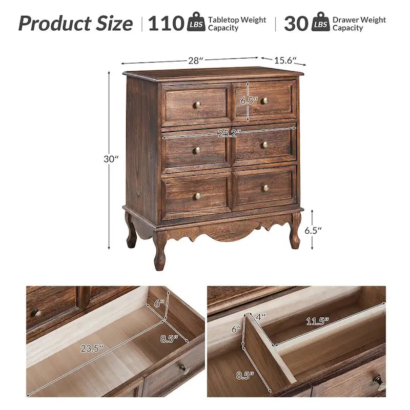 Table de chevet Pallantium Farmhouse 30 po de hauteur vieillie avec 3 tiroirs, pieds en bois massif et pieds réglables