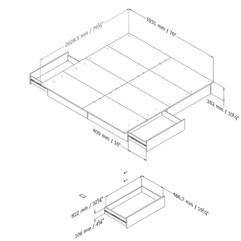 Lit plateforme moderne King Size avec tiroirs de rangement finition blanche