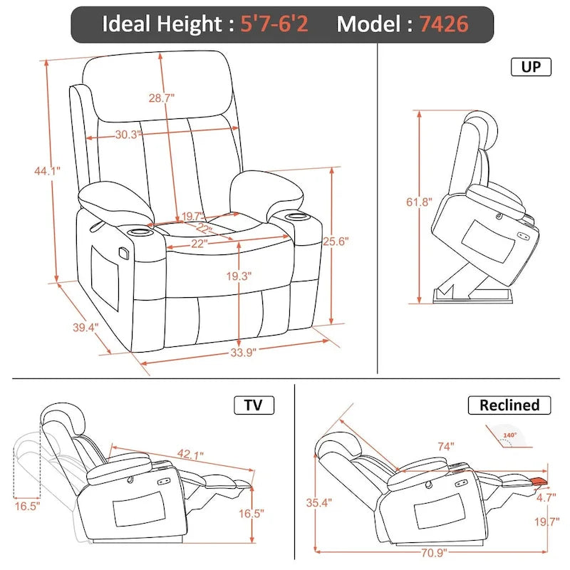 Fauteuil inclinable releveur grande taille avec repose-pieds étendu pour personnes âgées de grande taille et fortes corpulences, télécommande, porte-gobelets, tissu 7426