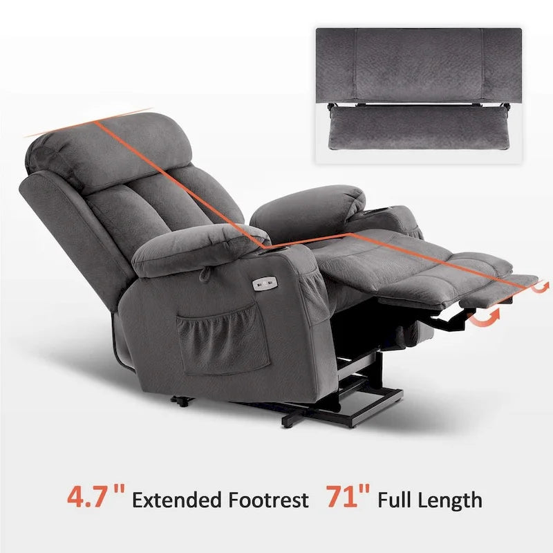 Fauteuil inclinable releveur grande taille avec repose-pieds étendu pour personnes âgées de grande taille et fortes corpulences, télécommande, porte-gobelets, tissu 7426