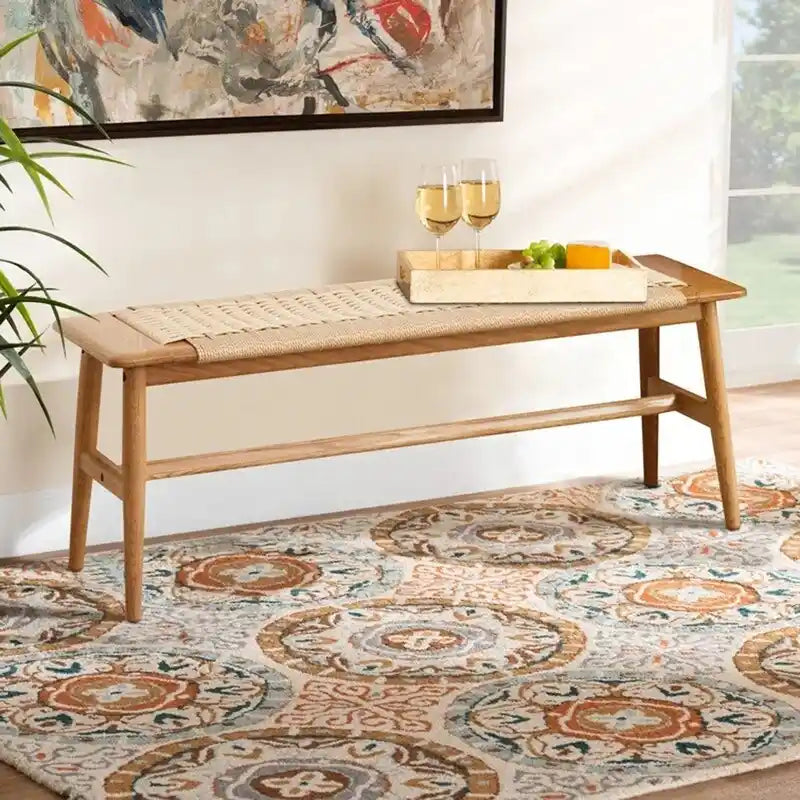 Banc d'intérieur en chêne massif Grondin style Bohème avec assise en corde tressée et assemblage tenon-mortaise pour entrée, chambre, salle à manger