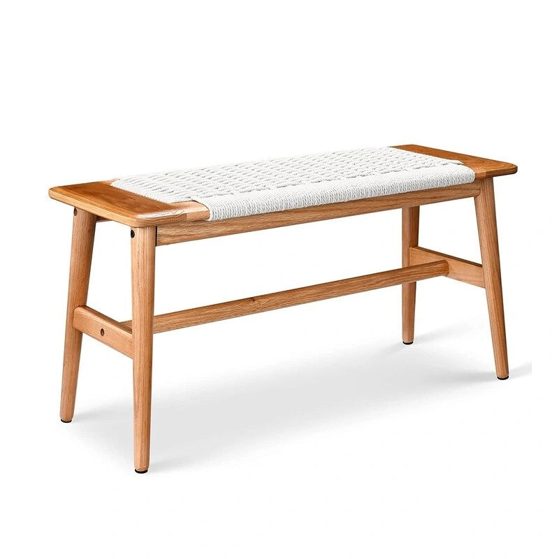 Banc d'intérieur en chêne massif Grondin style Bohème avec assise en corde tressée et assemblage tenon-mortaise pour entrée, chambre, salle à manger