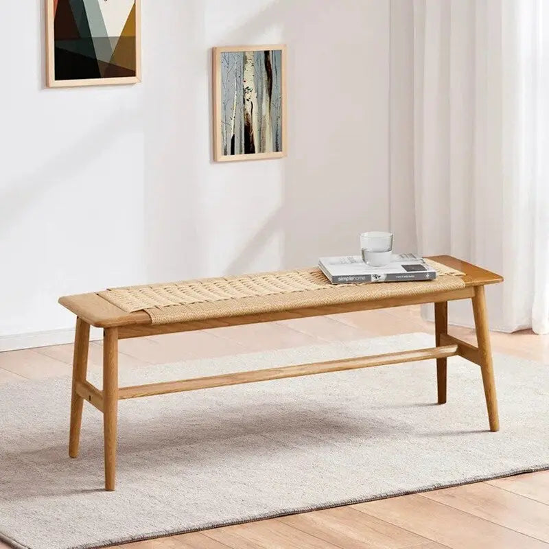 Banc d'intérieur en chêne massif Grondin style Bohème avec assise en corde tressée et assemblage tenon-mortaise pour entrée, chambre, salle à manger
