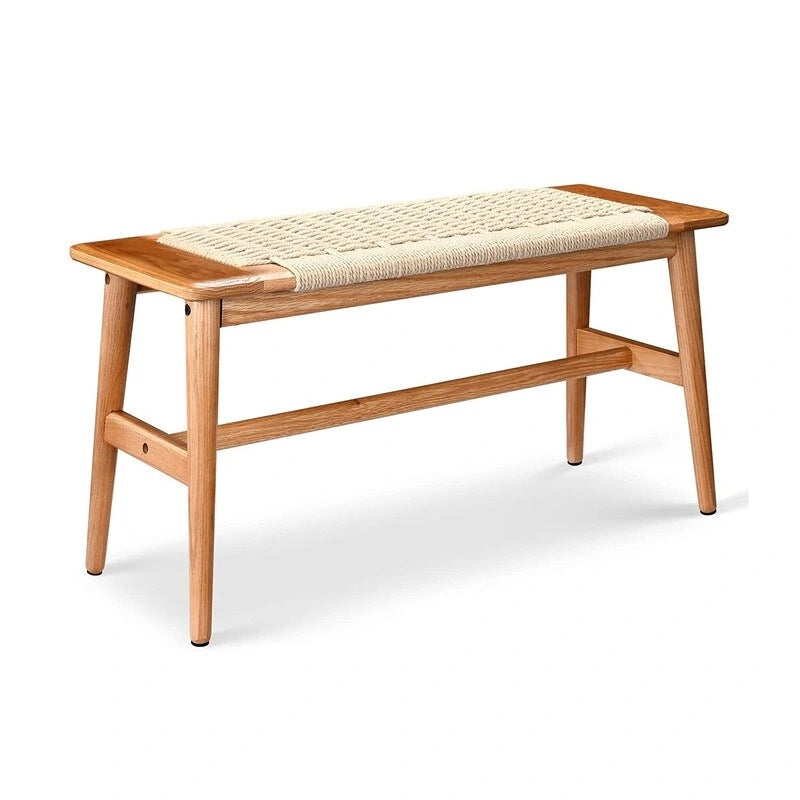 Banc d'intérieur en chêne massif Grondin style Bohème avec assise en corde tressée et assemblage tenon-mortaise pour entrée, chambre, salle à manger