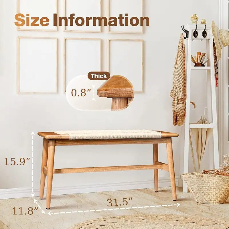 Banc d'intérieur en chêne massif Grondin style Bohème avec assise en corde tressée et assemblage tenon-mortaise pour entrée, chambre, salle à manger
