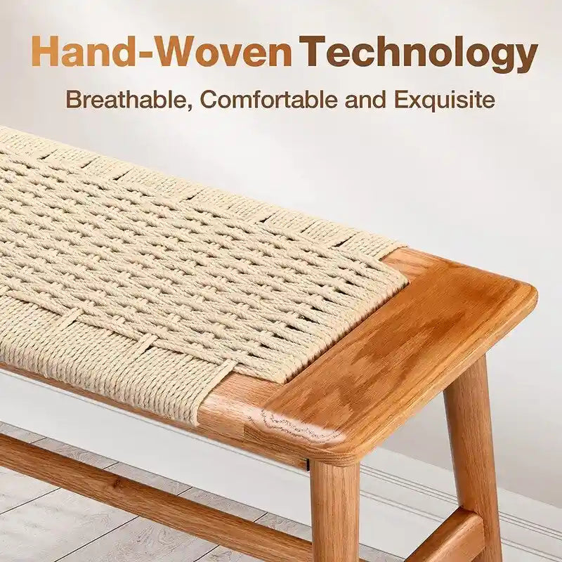 Banc d'intérieur en chêne massif Grondin style Bohème avec assise en corde tressée et assemblage tenon-mortaise pour entrée, chambre, salle à manger