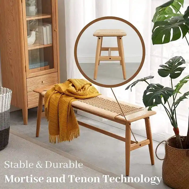 Banc d'intérieur en chêne massif Grondin style Bohème avec assise en corde tressée et assemblage tenon-mortaise pour entrée, chambre, salle à manger