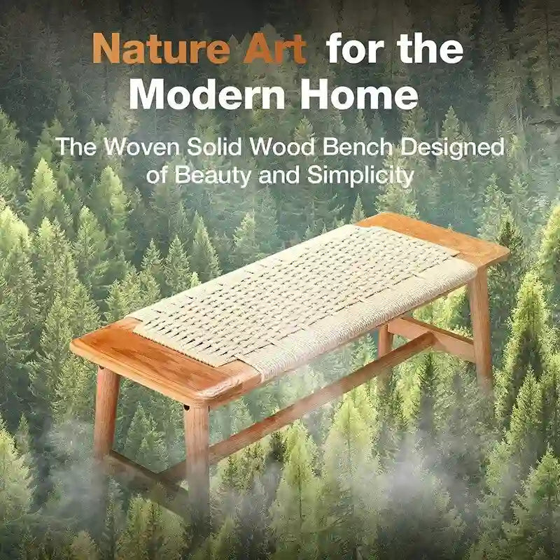 Banc d'intérieur en chêne massif Grondin style Bohème avec assise en corde tressée et assemblage tenon-mortaise pour entrée, chambre, salle à manger