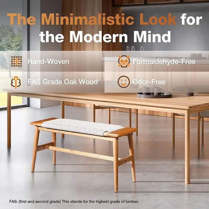 Banc d'intérieur en chêne massif Grondin style Bohème avec assise en corde tressée et assemblage tenon-mortaise pour entrée, chambre, salle à manger