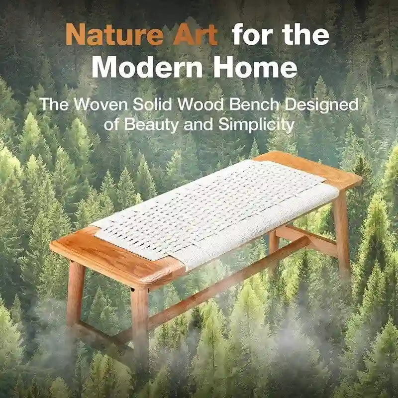 Banc d'intérieur en chêne massif Grondin style Bohème avec assise en corde tressée et assemblage tenon-mortaise pour entrée, chambre, salle à manger