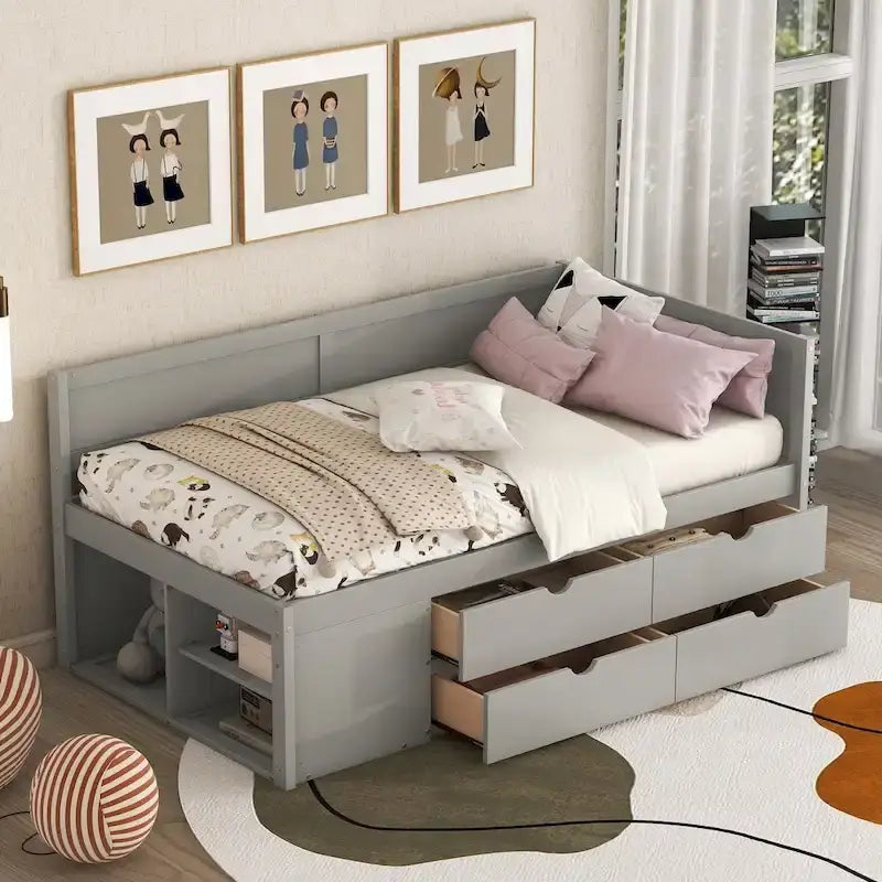 Lit banquette avec tiroirs de rangement et étagères bibliothèques, lit de coin capitaine pour enfants garçons filles adultes