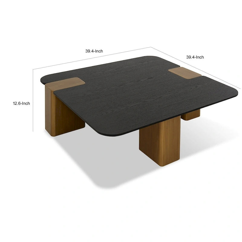 Table basse Cid Casy 99 cm, placage noir carré, pieds blocs brossés dorés