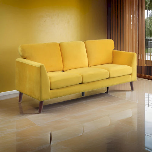 Bard 81 Inch Sofa, Yellow Velvet, Reversible Cushions, Dark Brown Wood